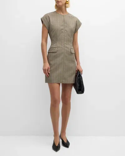 Argent Cap-sleeve Plaid Houndstooth Mini Dress In Beige  Black Multi