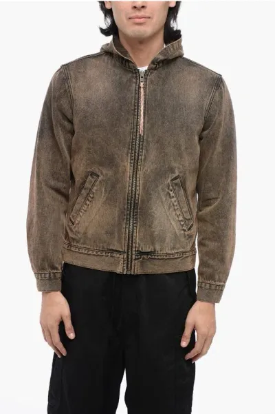 Aries Stone Washed Denim Hooded Jacket With Front Zip In Brown