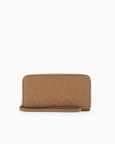 Armani Exchange Crocodile Print Zip Around Wallet In Brown