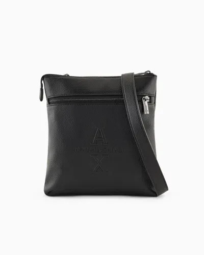 Armani Exchange Flat Crossbody Bag With Tone-on-tone Embossed Logo In Black