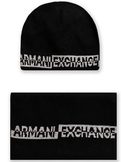 Armani Exchange Intarsia-knit Set Of Scarf And Beanie In Black