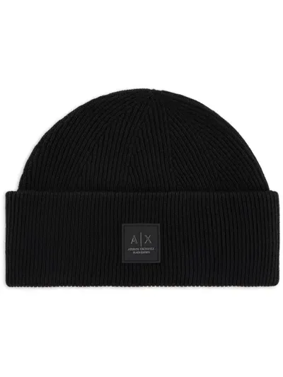 Armani Exchange Armani Exchnage Mens Black Edition Logo Patch Beanie In Black Uc001