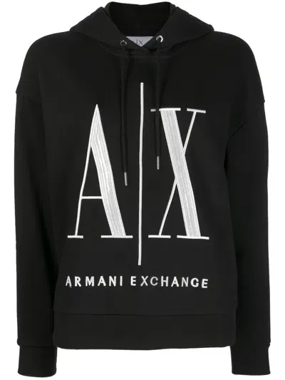 Armani Exchange Logo-embroidered Rib-trimmed Hoodie In Black