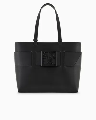 Armani Exchange Medium Shopper Bag With Tone-on-tone Monogram In Black