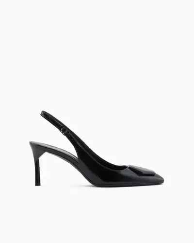 Armani Exchange Patent Leather Heeled Slingback With Logo In Black