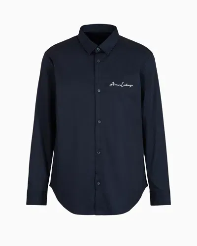 Armani Exchange Regular Fit Shirt In Stretch Satin Cotton In Navy Blue