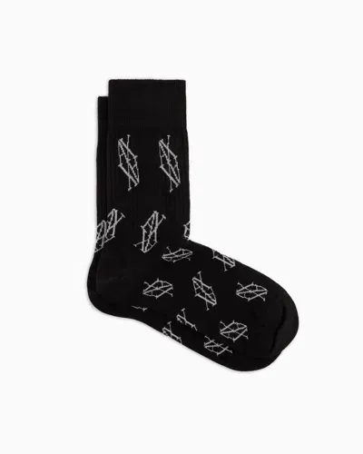 Armani Exchange Ribbed Cotton Blend Socks With Monogram Logo In Black