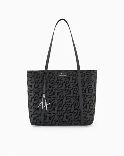 Armani Exchange Shopper Bag With Flocked Monogram And Charm In Black