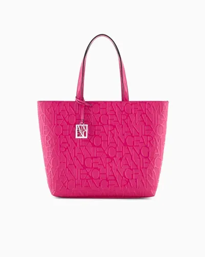 Armani Exchange Shopper With Zip And All-over Embossed Logo Lettering In Pink