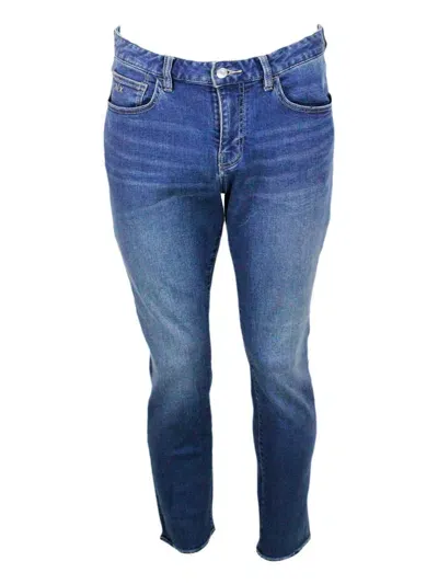 Armani Exchange Skinny Jeans In Soft Stretch Denim With Contrasting Stitching And Leather Tab. Zip And Button Closur In Indigo Denim