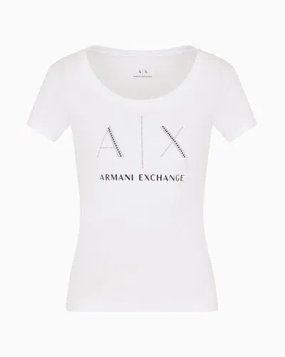 Armani Exchange Slim Fit Pima Cotton T-shirt With Rhinestone Logo In White