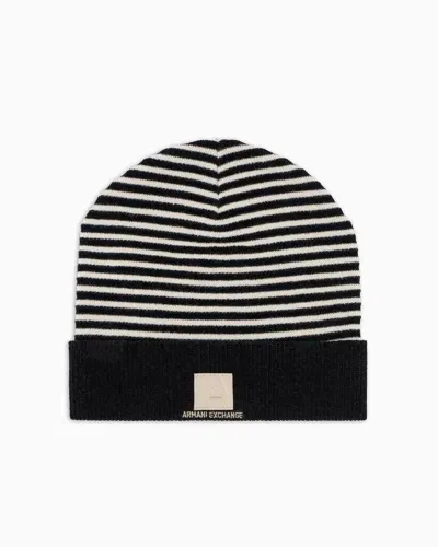 Armani Exchange Striped Beanie Hat With Logo In Patterned