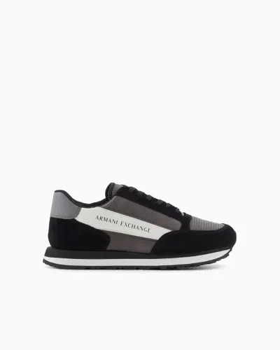 Armani Exchange Suede Sneakers With Mesh Inserts In Black