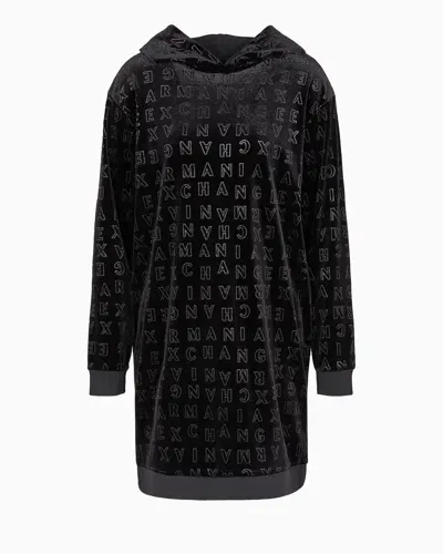 Armani Exchange Velvet Hooded Dress With Allover Logo In Black