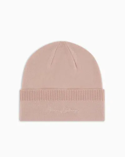 Armani Exchange Wool Blend Beanie Hat With Embroidery In Pink