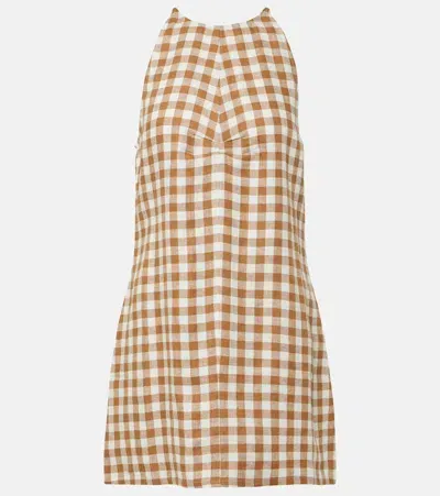 Asceno Antigua Checked Linen Minidress In Brown Check