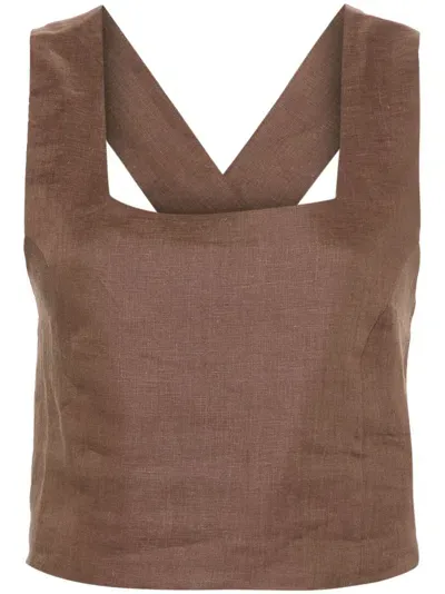 Asceno Cozumel Linen Cropped Top In Brown