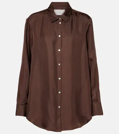 Asceno Printed Silk Satin Pajama Shirt In Espresso