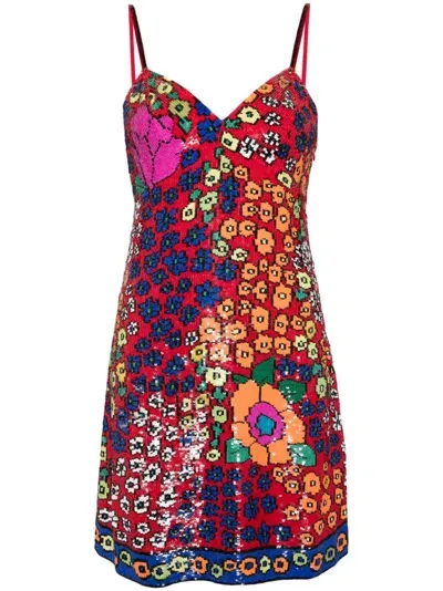 Ashish Sequin Floral-pattern Dress In Red