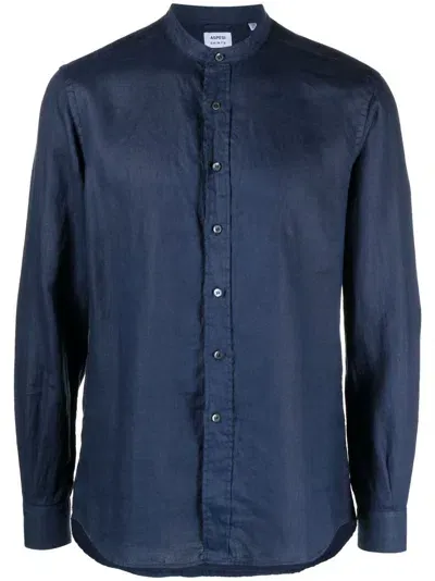 Aspesi Band-collar Long-sleeved Shirt In Blue