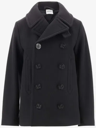 Aspesi Wool Blend Double-breasted Coat In Nero