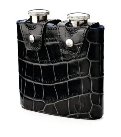 Aspinal Of London Croc-embossed Leather Double Hip Flask In Black