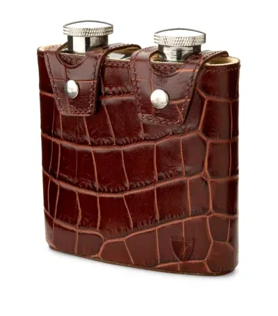 Aspinal Of London Double Leather Hip Flask In Brown