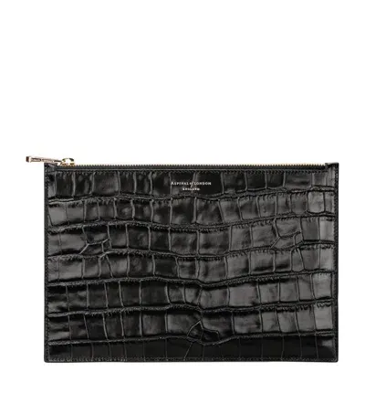 Aspinal Of London Large Flat Crocodile Printed Pouch In Black