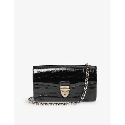 Aspinal Of London Mayfair Logo-lettering Patent-leather Clutch Bag In Black