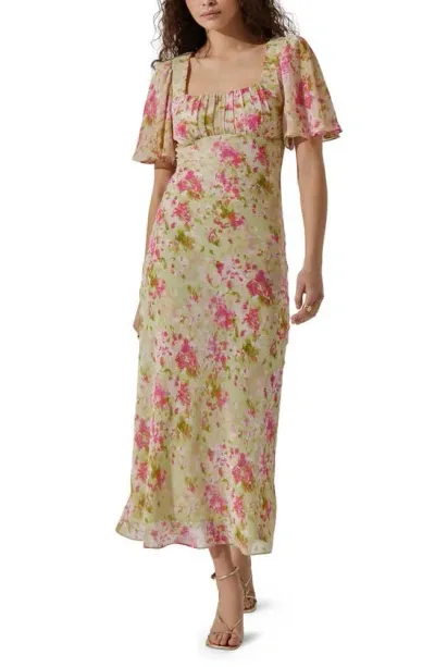 Astr Floral Tie Back Flutter Sleeve Dress In Lime Pink Floral