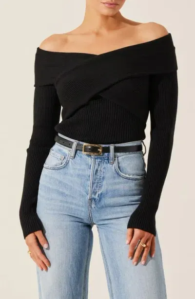 Astr The Label Crossover Off The Shoulder Rib Sweater In Black