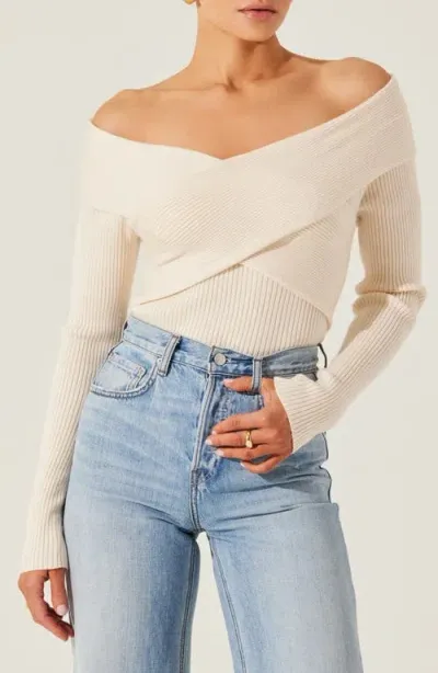 Astr The Label Crossover Off The Shoulder Rib Sweater In Cream