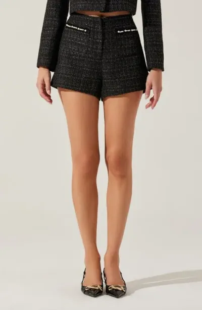 Astr The Label Faux Pearl Trim High Waist Tweed Shorts In Black Tweed