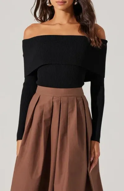 Astr The Label Foldover Off The Shoulder Rib Sweater In Black