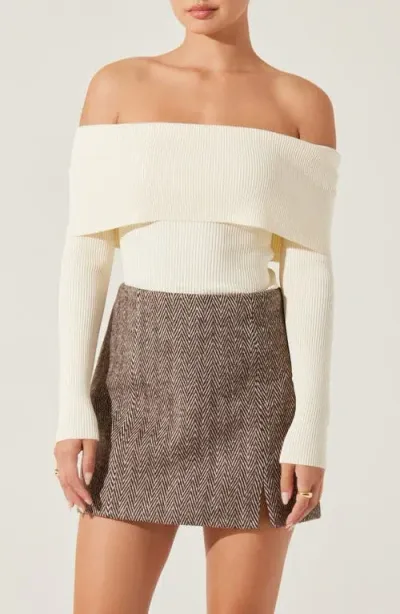 Astr The Label Foldover Off The Shoulder Rib Sweater In Cream