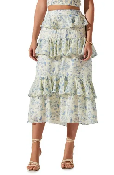 Astr The Label Foufette Floral Print Ruffle Skirt In Blue Ivory Floral