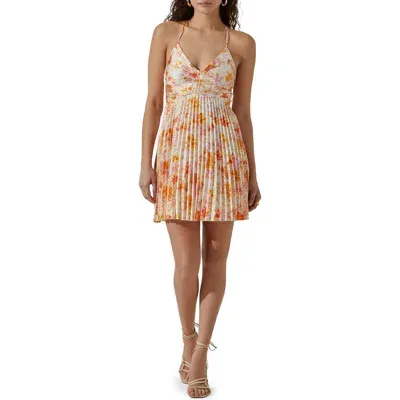 Astr The Label Pleated Tie Back Dress In Cream Orange Floral