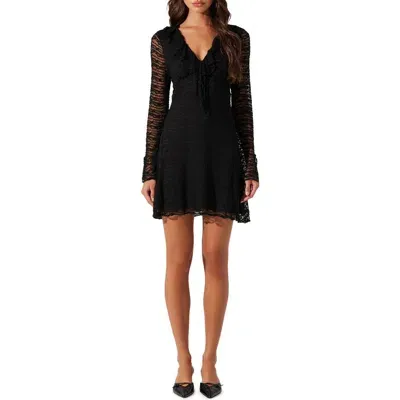 Astr The Label Ruffle Long Sleeve Stretch Lace Minidress In Black