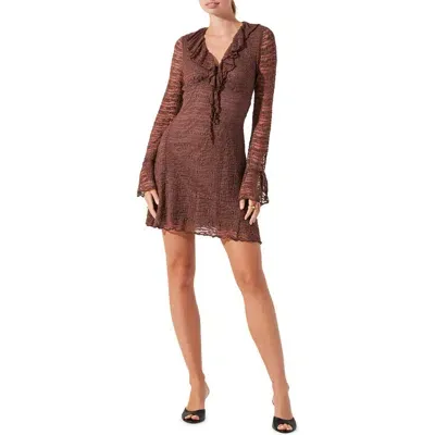 Astr The Label Ruffle Long Sleeve Stretch Lace Minidress In Chocolate Brown