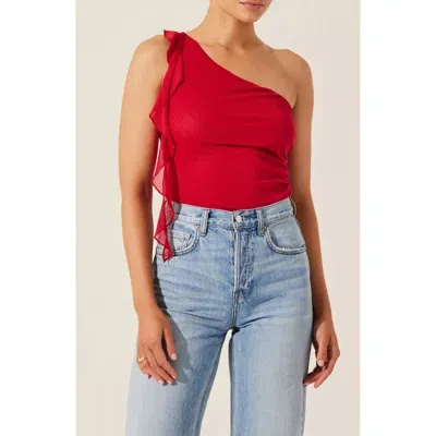 Astr The Label Ruffle One-shoulder Mesh Top In Red