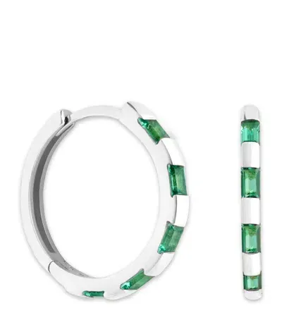 Astrid & Miyu White Gold And Emerald Baguette Hoop Earrings In Metallic