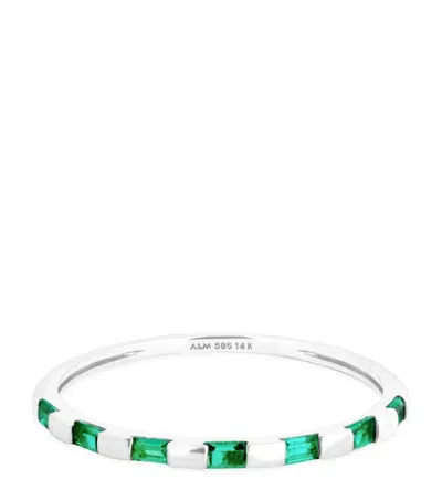 Astrid & Miyu White Gold And Emerald Baguette Ring In Silver