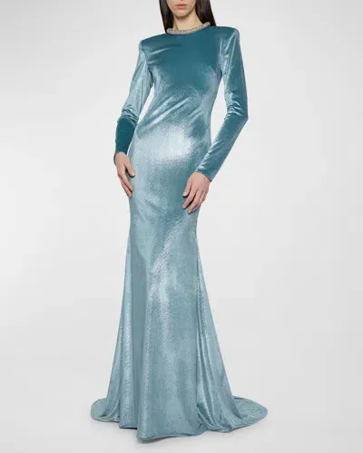 Atelier Prabal Gurung Crystal Choker Long-sleeve Strong-shoulder Metallic Velvet Gown In Blue