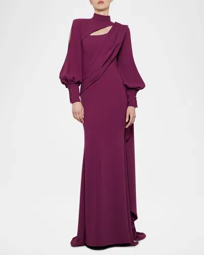 Atelier Prabal Gurung Dina Slit Long-sleeve Drape Gown In Aubergine