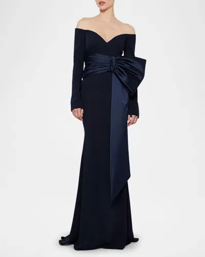 Atelier Prabal Gurung Kate Off-the-shoulder Bow Trumpet Gown In Midnight