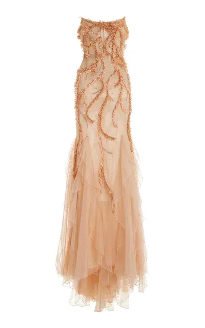 Atelier Prabal Gurung Khaleesi Beaded Tulle Gown In Coral