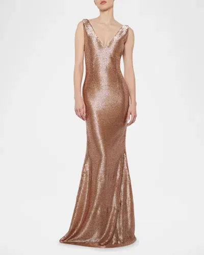 Atelier Prabal Gurung Marjorie V-neck Beaded Backless Mermaid Gown In Nougat