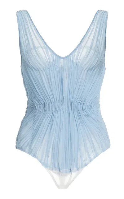 Atelier Prabal Gurung Pleated Plisse Sculptured Chiffon Top In Blue