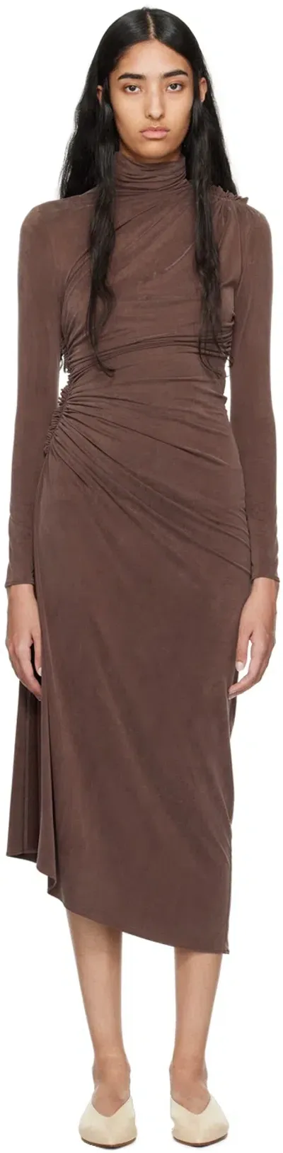 Atlein Brown Ruched Midi Dress In Cob Sepia