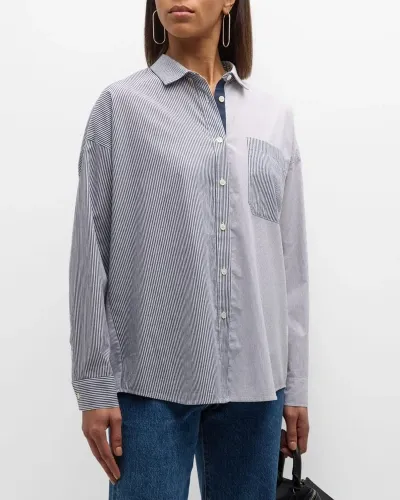 Atm Anthony Thomas Melillo Mixed Stripe Shirting Boyfriend Shirt In Chalk Ink